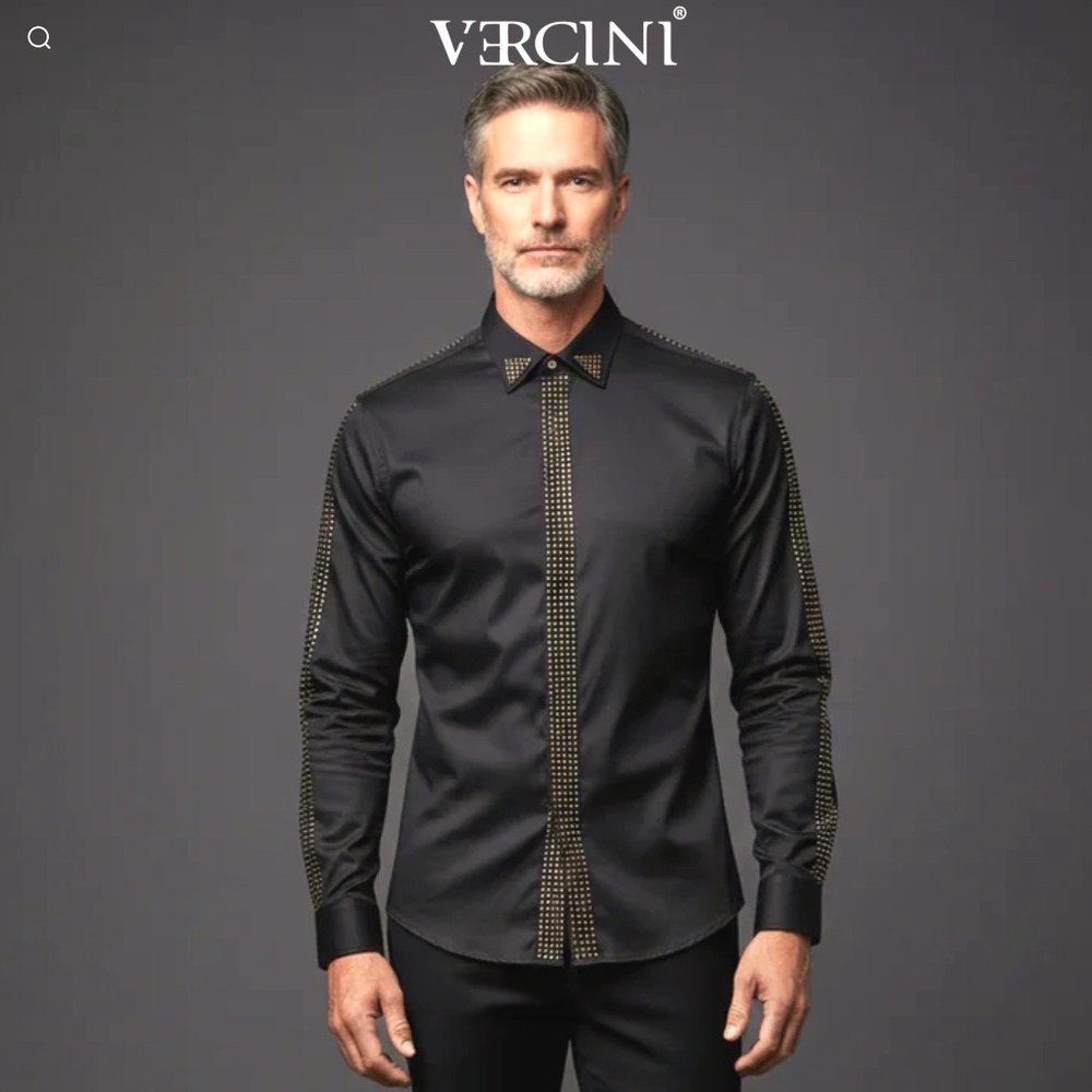 Vercini Men's Black Studded Button Up Shirt Gold Studs French Cuff Slim Fit Med